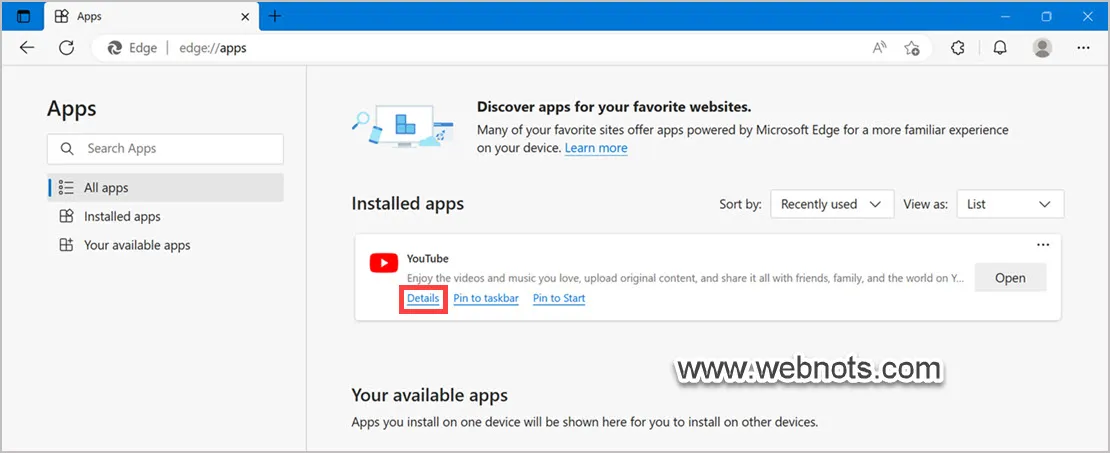 View Installed YouTube App in Edge