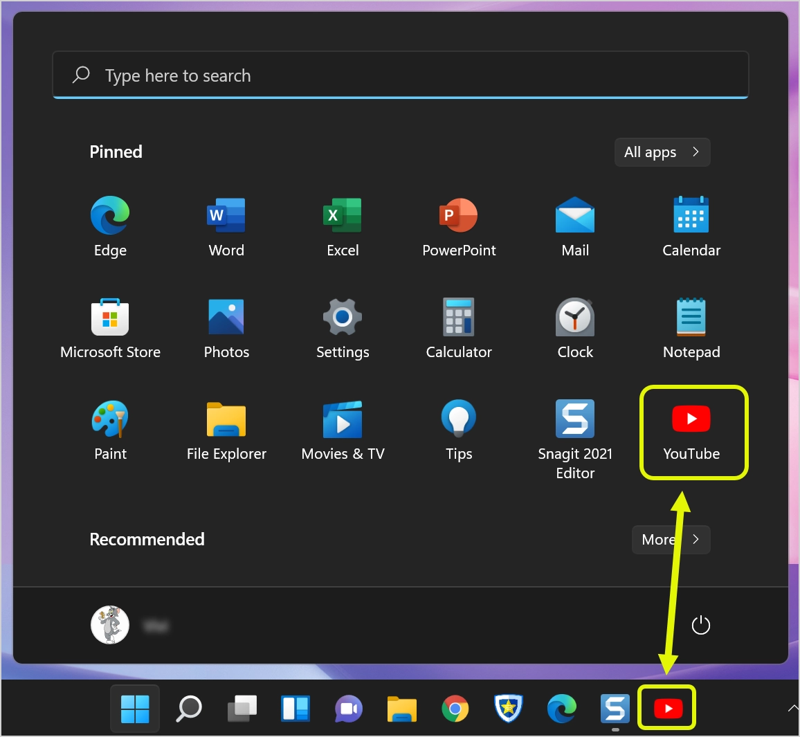 YouTube App in Start Menu and Taskbar