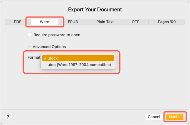 Select docx Format