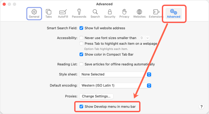 Show Develop Menu in Safari