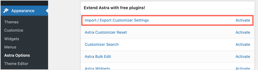 Astra Theme Import and Export Settings