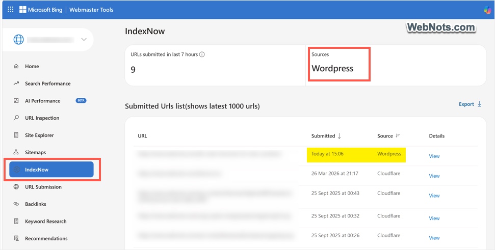 Check IndexNow Insights in Bing Webmaster Tools