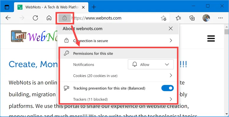 Verifique los permisos del sitio en la barra de direcciones de Edge