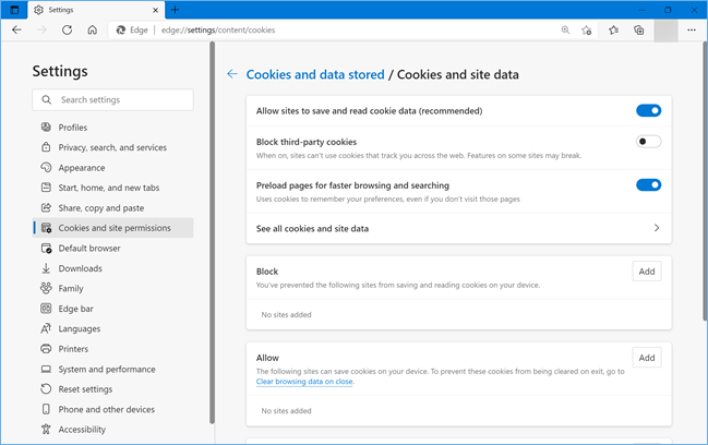 Cookies y datos para sitios en Edge