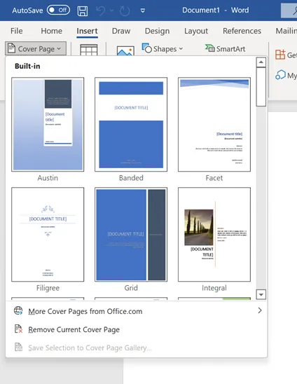 Cover Page Template Gallery in Word-Windows