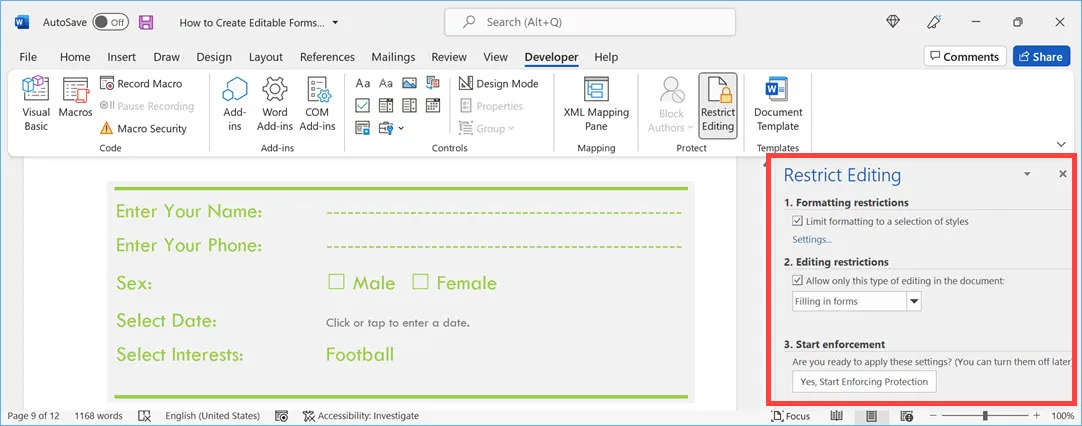Apply Protection to Form in Word