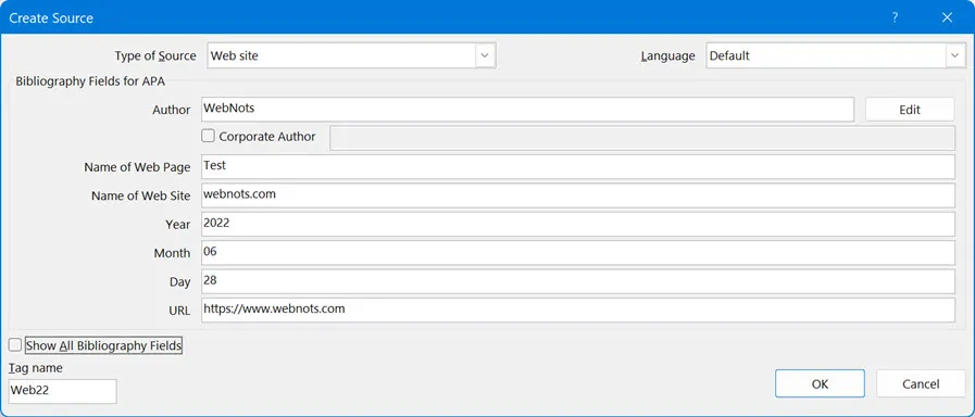 Create Source for Citation in Word