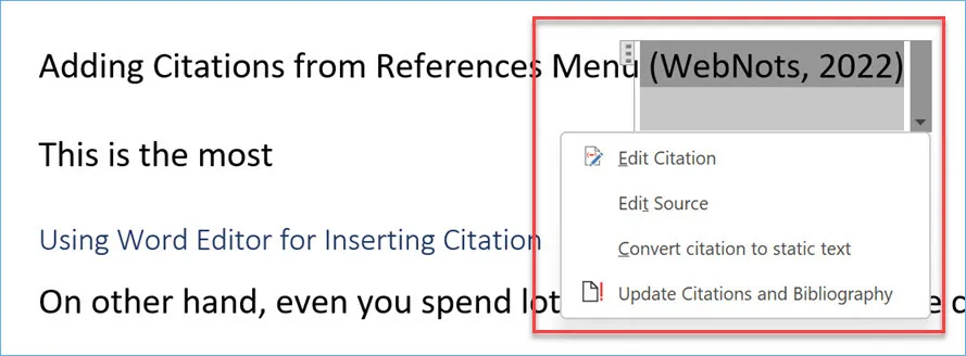 Edit Inserted Citation in Word