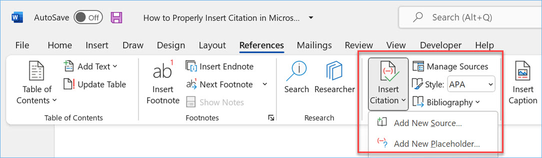 Insert Citations from References Menu in Word