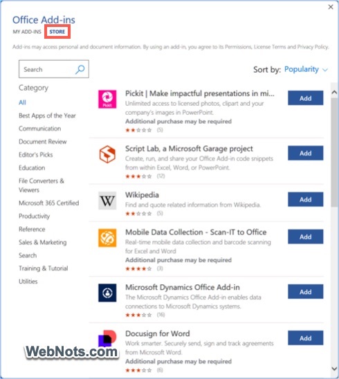 Install Add-in from Store
