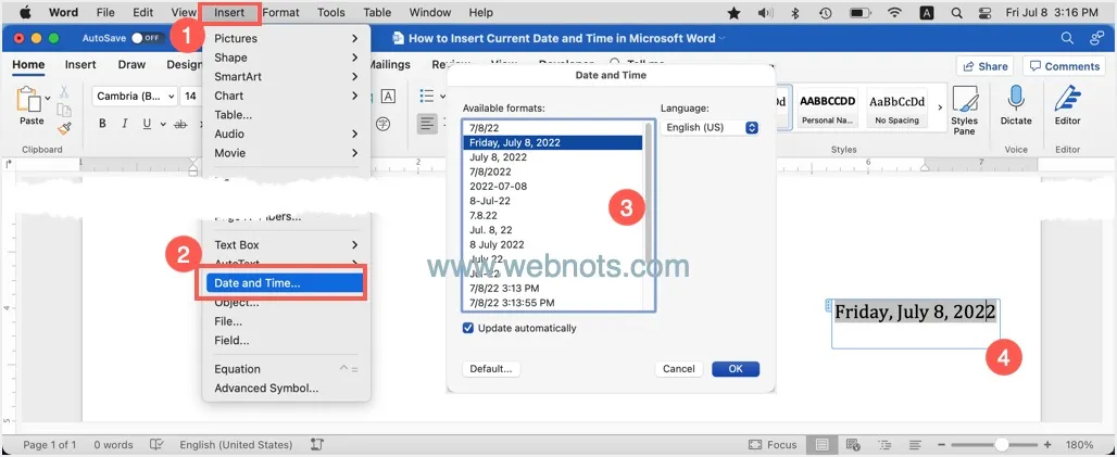 Insert Current Date and Time in Word Mac