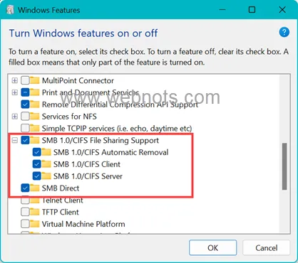 Habilitar SMB en las características de Windows
