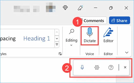 Open Dictate in Word Windows Version