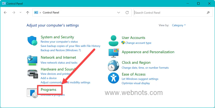 Open Programs in Control Panel