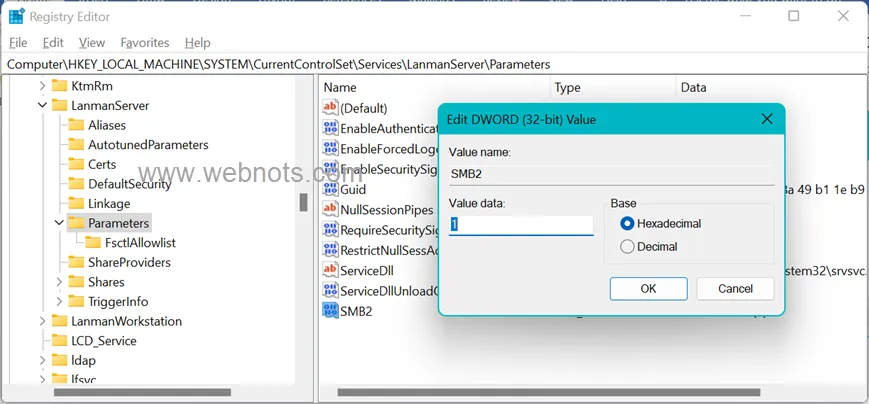 Set Value as 1 for SMB Key in Registry