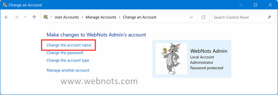 Change the Account Name Link in Control Panel