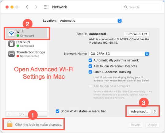 Go to Advanced Network Section in Mac