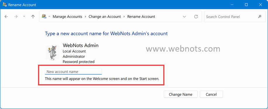 Type New Account Name in Control Panel