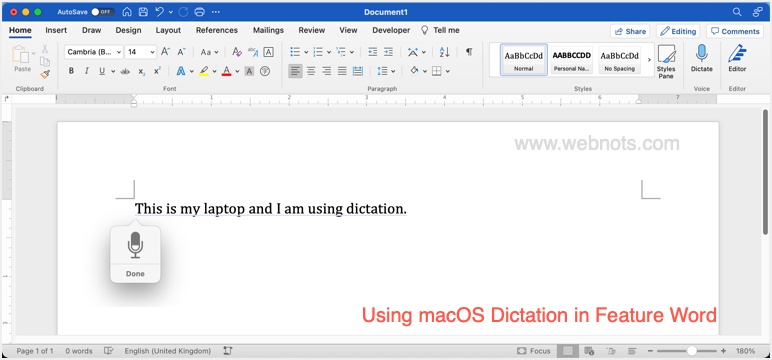 Using System Dictation Function in macOS Word