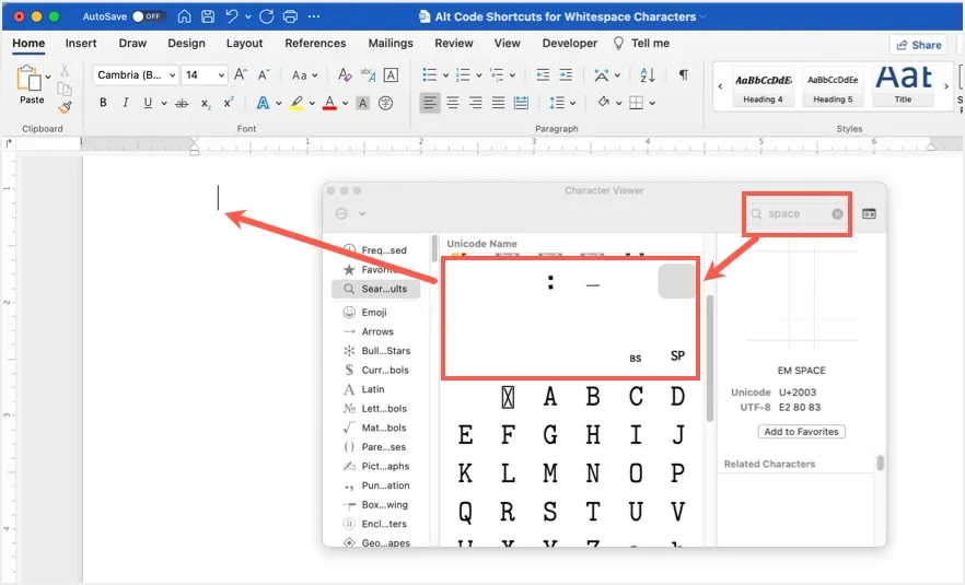 Insertar espacios desde el Visor de mapas de caracteres en Mac