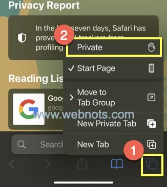 Open Private Tab in iPhone Safari