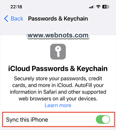 Disable Safari Passwords iCloud Sync in iPhone