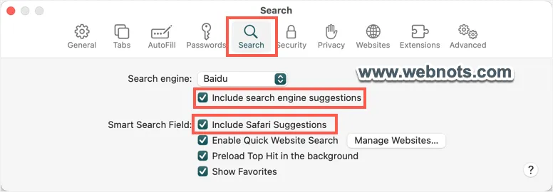 Disable Search Suggestions in Safari Mac