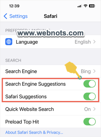 Disable Search and Safari Suggestions in Safari iPhone