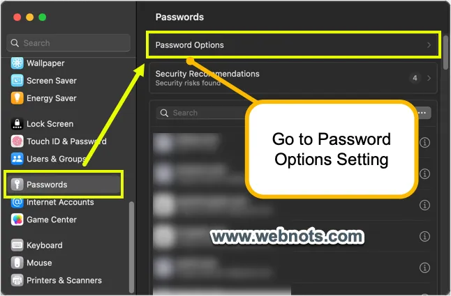 Go to Password Options Setting