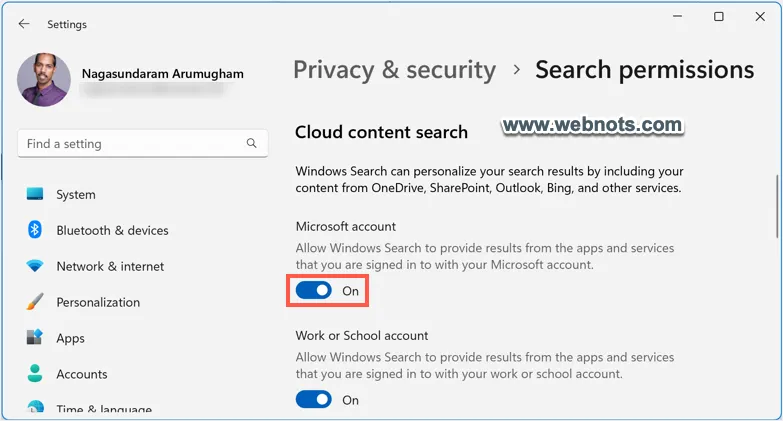 Disable Cloud Content Search for Microsoft Account