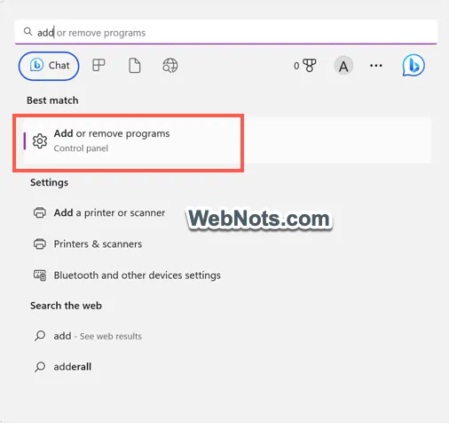 Open Add or Remove Programs from Search