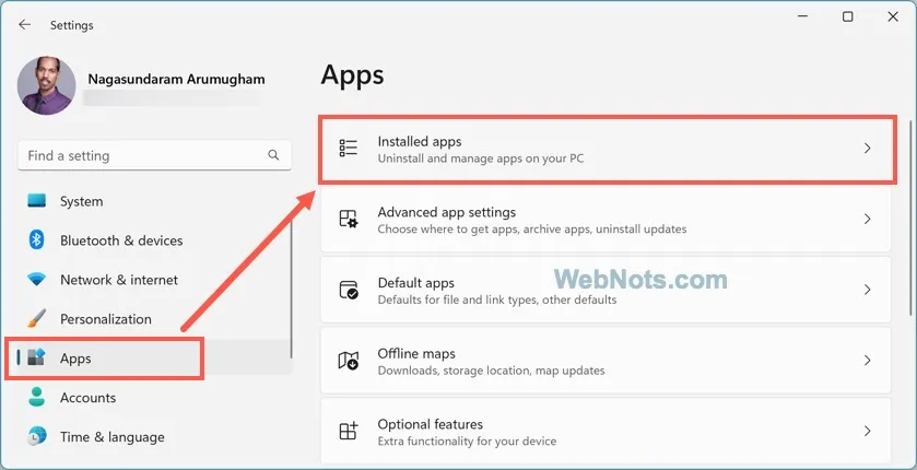 Abra la sección Aplicaciones instaladas de la aplicación Configuración de Windows 11