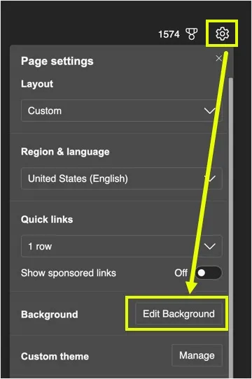 Edite el fondo en el menú de configuración de la página Edge