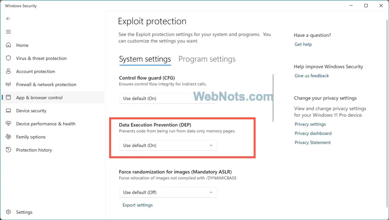 Desactive la prevención de ejecución de datos en la aplicación de seguridad de Windows