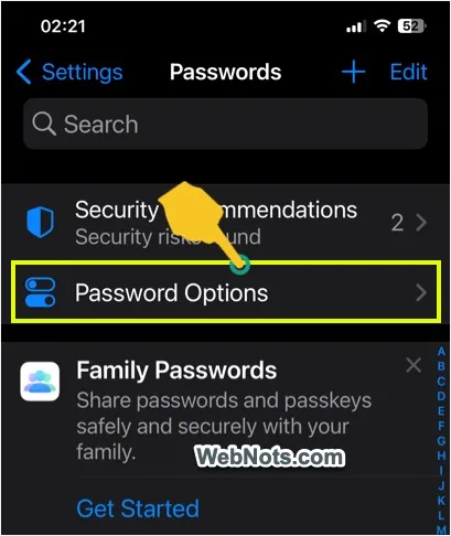 Open Password Options