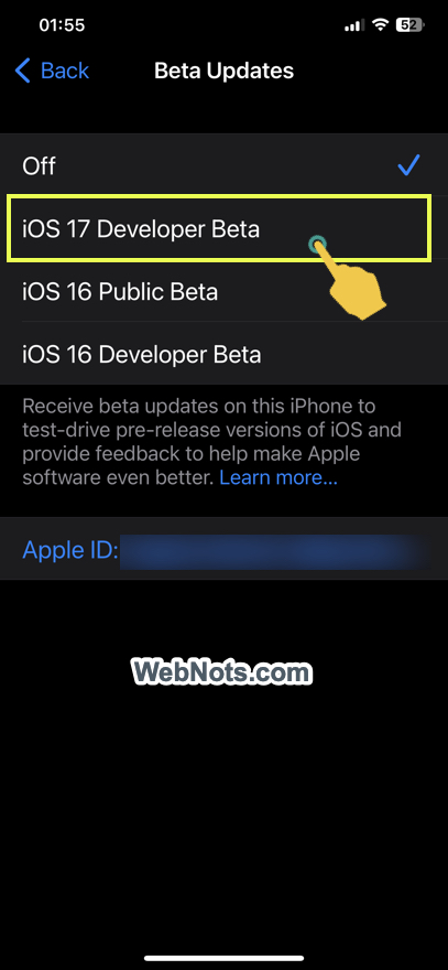Select iOS Developer Beta to Get Updates