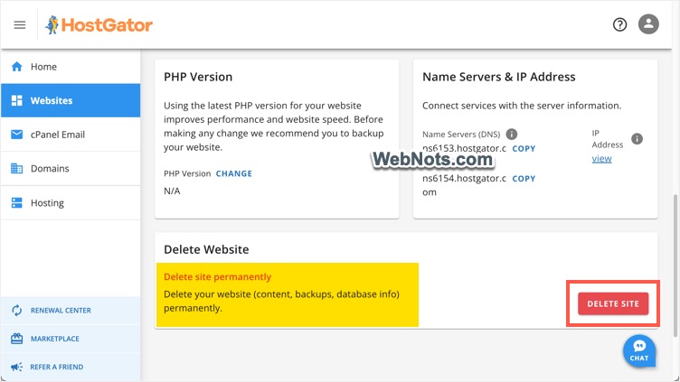 Delete Site Permanently in HostGator