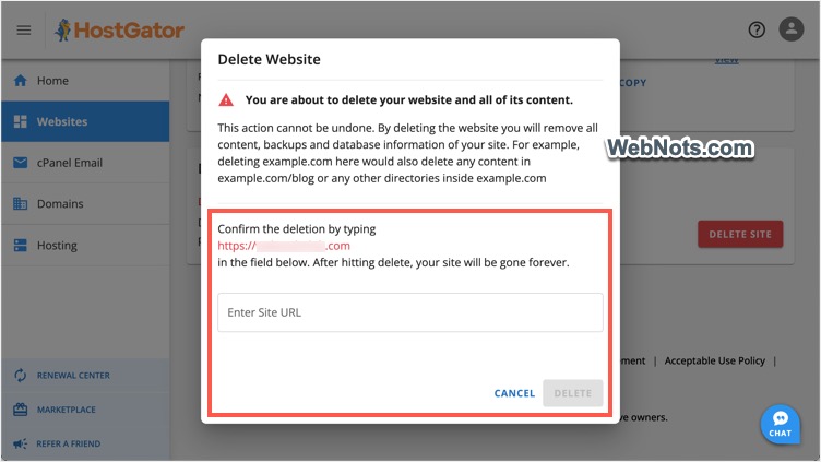 Enter Site URL to Delete