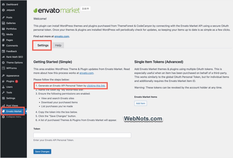 Envato Plugin Settings