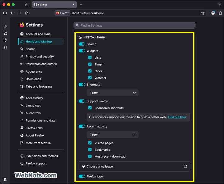 Firefox Home Settings