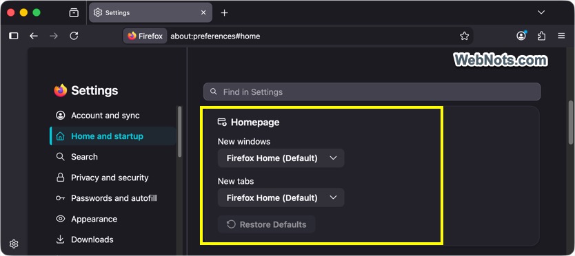Firefox Homepage Settings