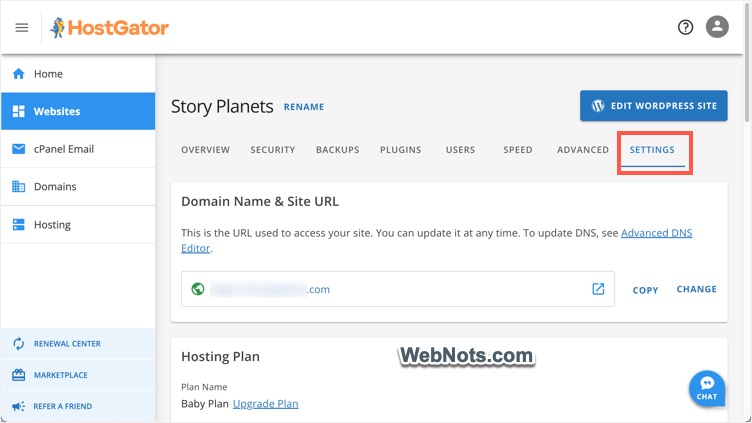 Individual Website Settings in HostGator