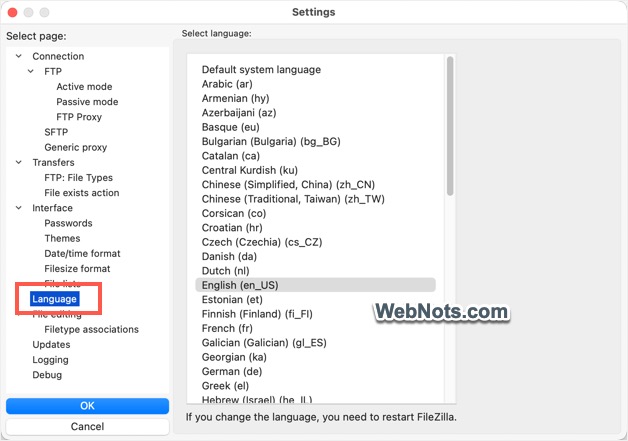 Open Language Section in English