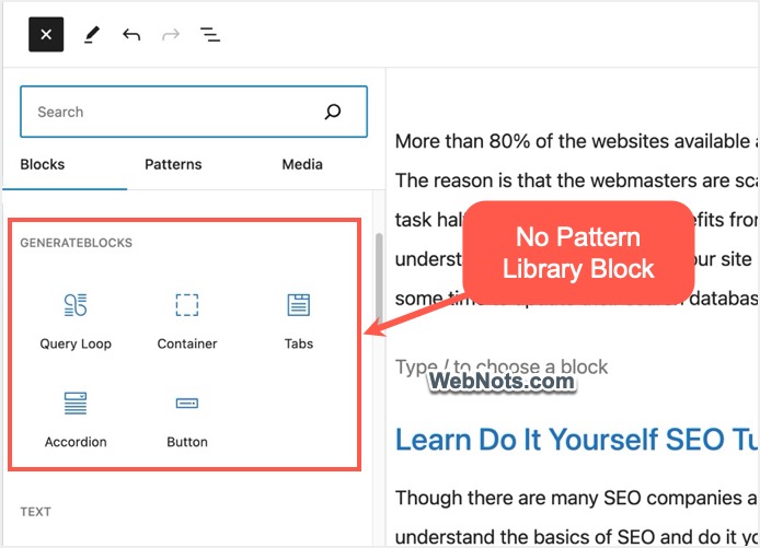 Pattern Library Missing in GenerateBlocks