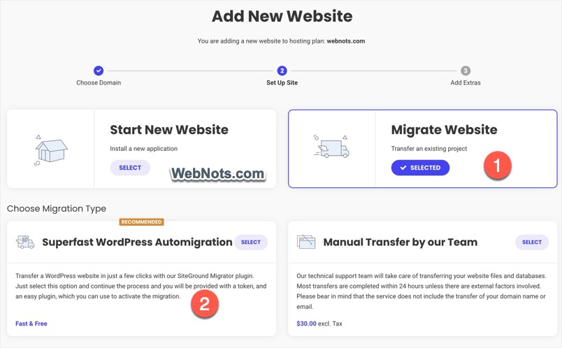 Select Migrate Website and Free Migration