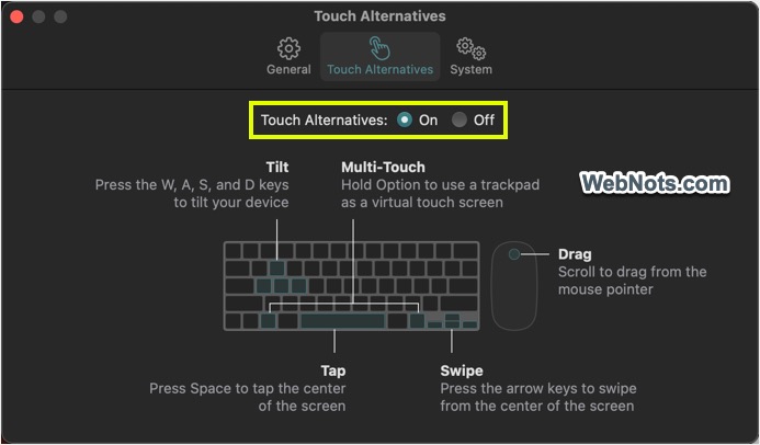 Touch Alternatives Settings for iPhone App