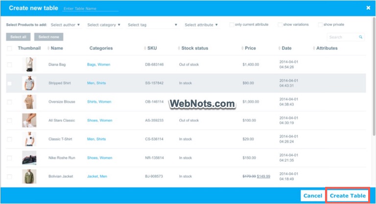 Create a Product Table