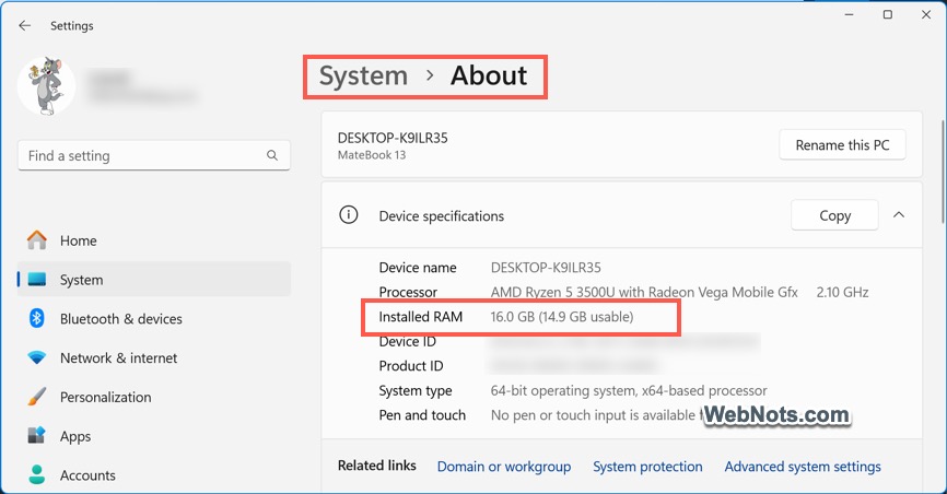 Find Installed RAM in Device Specifications