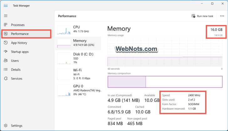 RAM Size and Speed in Task Manager