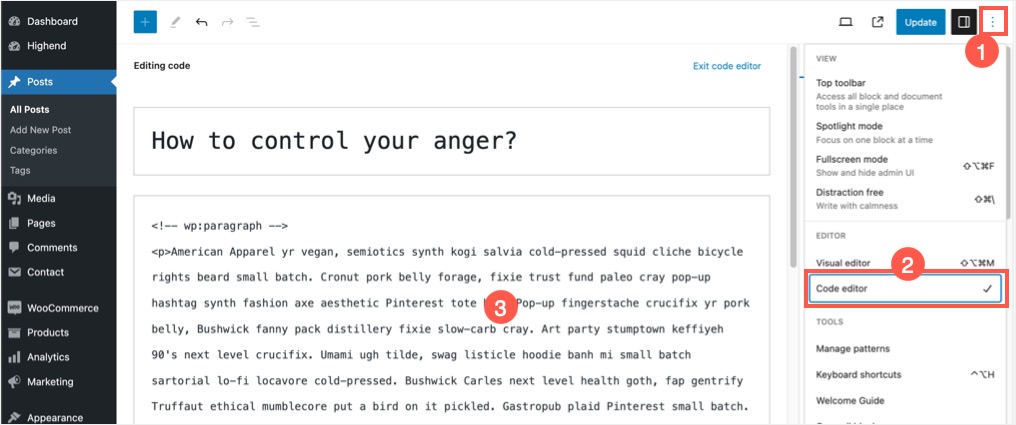View Code Editor in Gutenberg